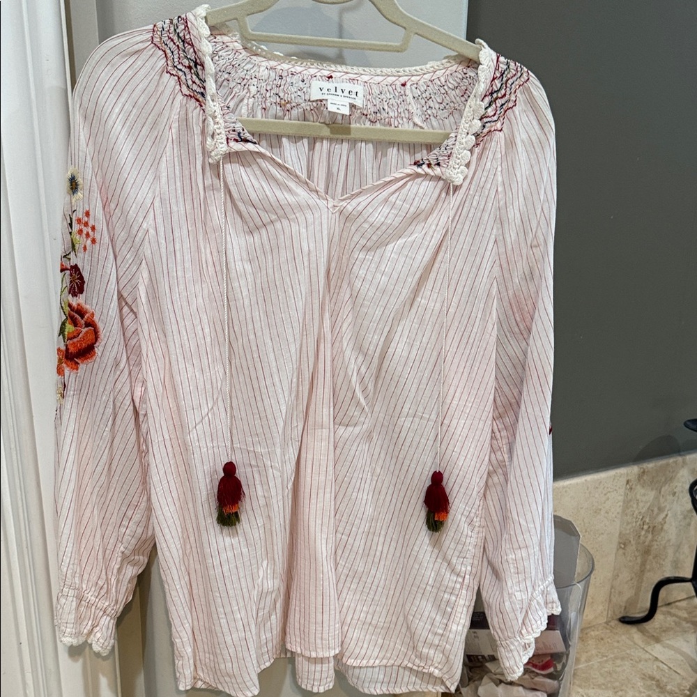 Velvet Women's Blouse with Pink and Red Accents